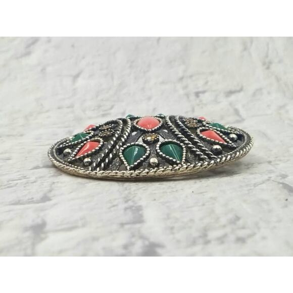 Vintage Emmons Convertible Brooch Pendant – Faux Coral  & Jade – Boho Book Piece - Picture 5 of 10